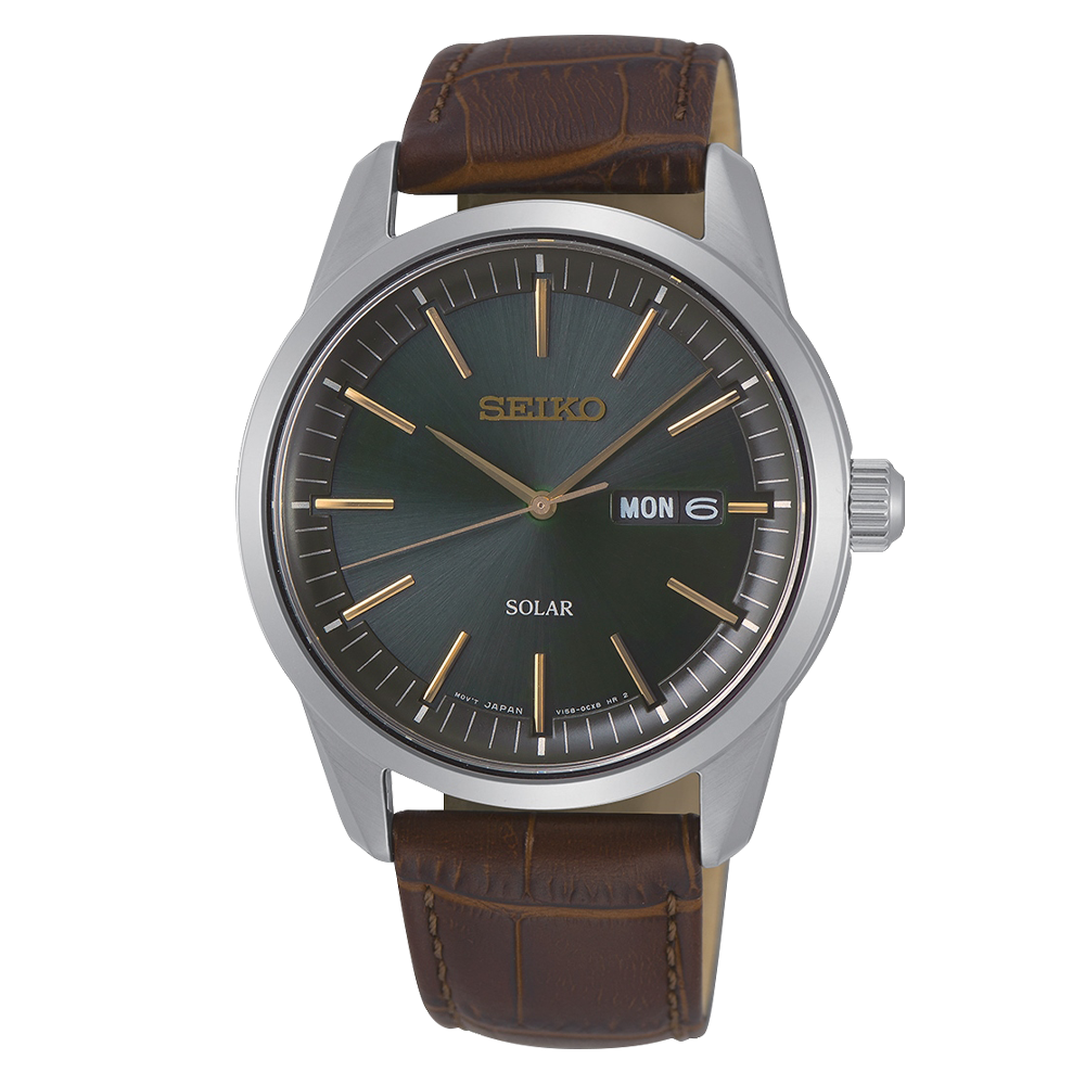 Men's Solar Quartz Watch with Green Dial and Leather Strap